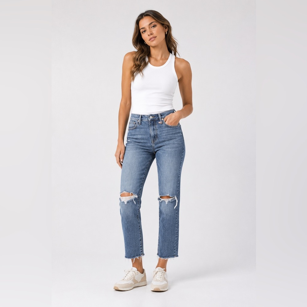 Madewell High Rise Slim Boyjean 25 Distressed Knee Rip Raw Hem Medium Wash